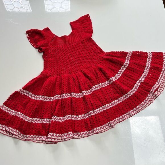 Girls Boho Vintage 1970s Handmade One of a Kind Crocheted Red Pleated Dress - Picture 3 of 7
